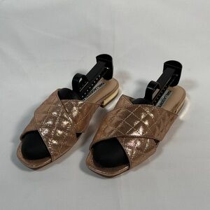 Karl Lagerfeld Paris Gold Leather Flat Sandals Size 7 Designer Chic